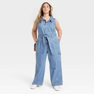 NWT Blue Sleeves Cargo Denim Jumpsuit Size 24